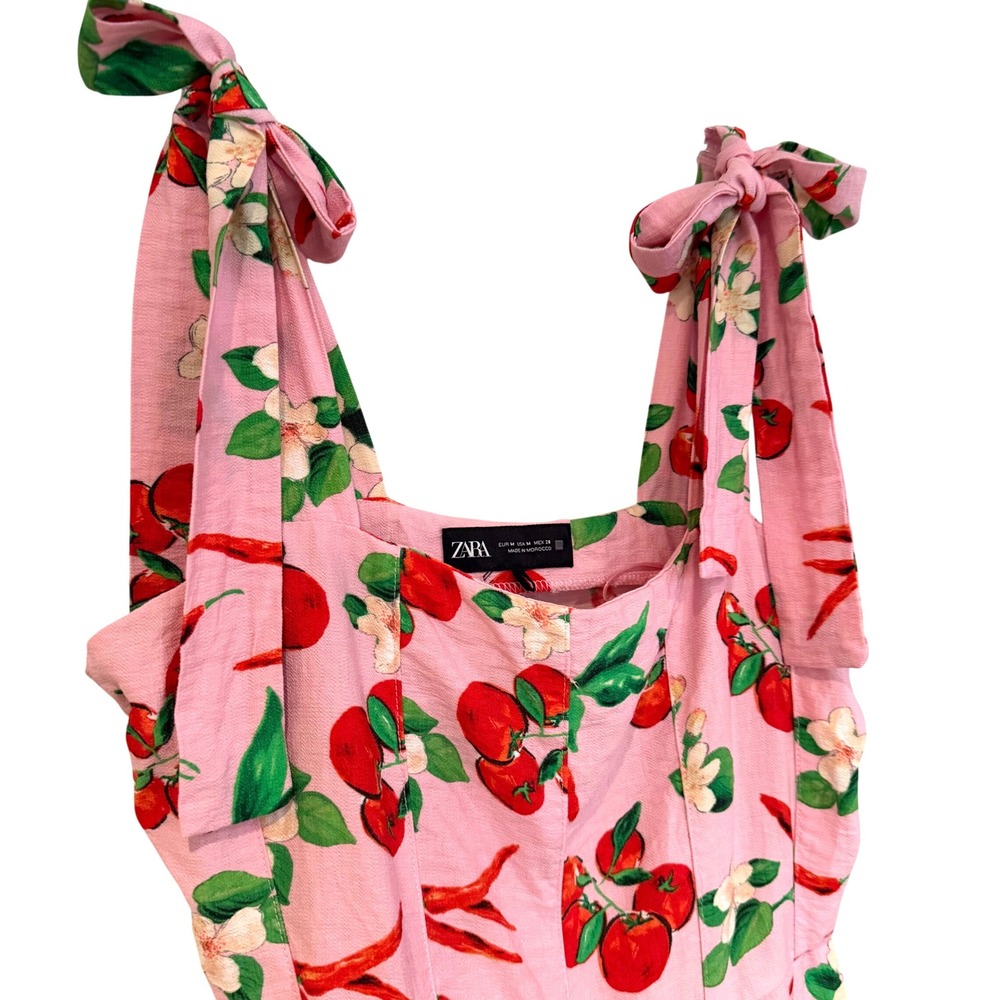 ZARA Cherry Print Tie Shoulder Mini Dress Womens Medium Pink Coquette Dainty Y2K - Picture 8 of 15